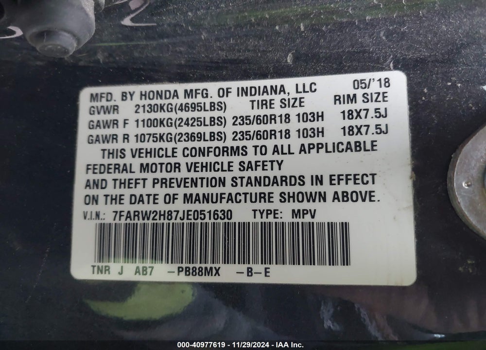 2018 HONDA CR-V EX-L/EX-L NAVI VIN: 7FARW2H87JE051630