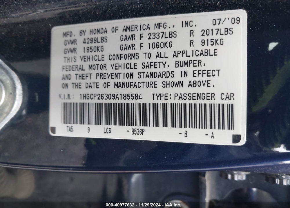 2009 HONDA ACCORD 2.4 LX VIN: 1HGCP26309A185584