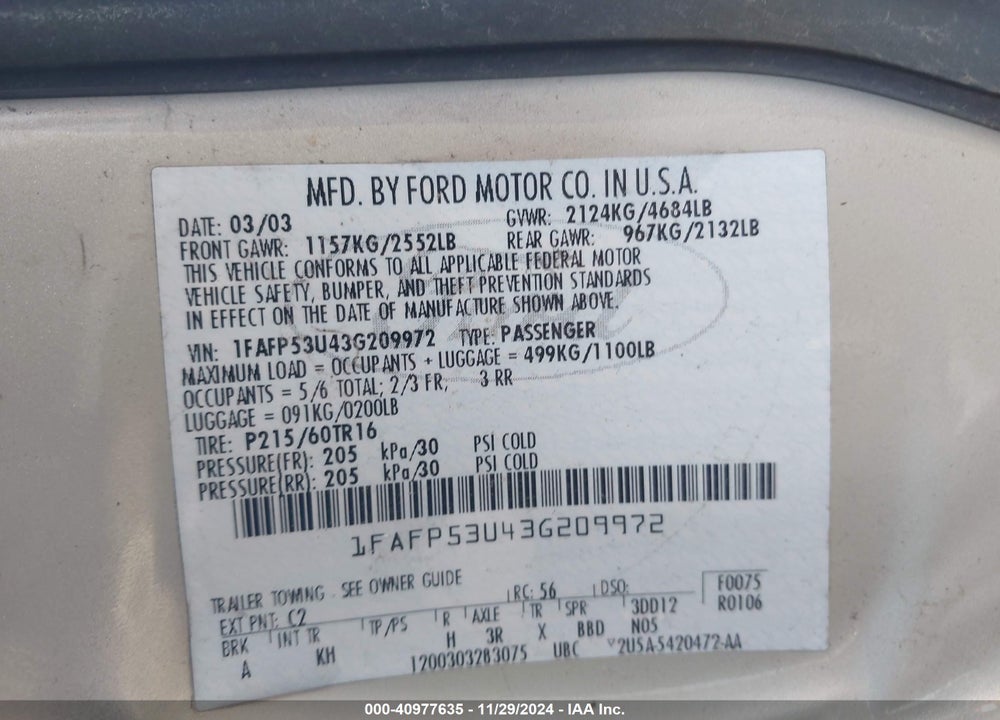 2003 FORD TAURUS SE VIN: 1FAFP53U43G209972