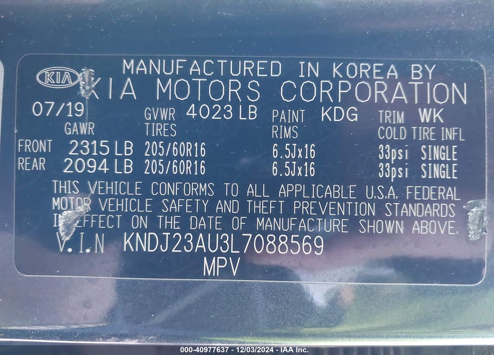 2020 KIA SOUL LX VIN: KNDJ23AU3L7088569