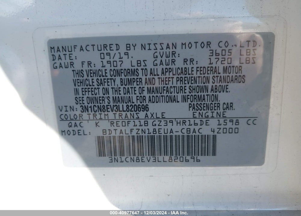 2020 NISSAN VERSA VIN: 3N1CN8EV3LL820696