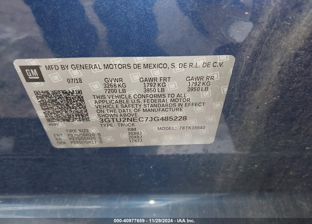 2018 GMC SIERRA 1500 SLT VIN: 3GTU2NEC7JG485228