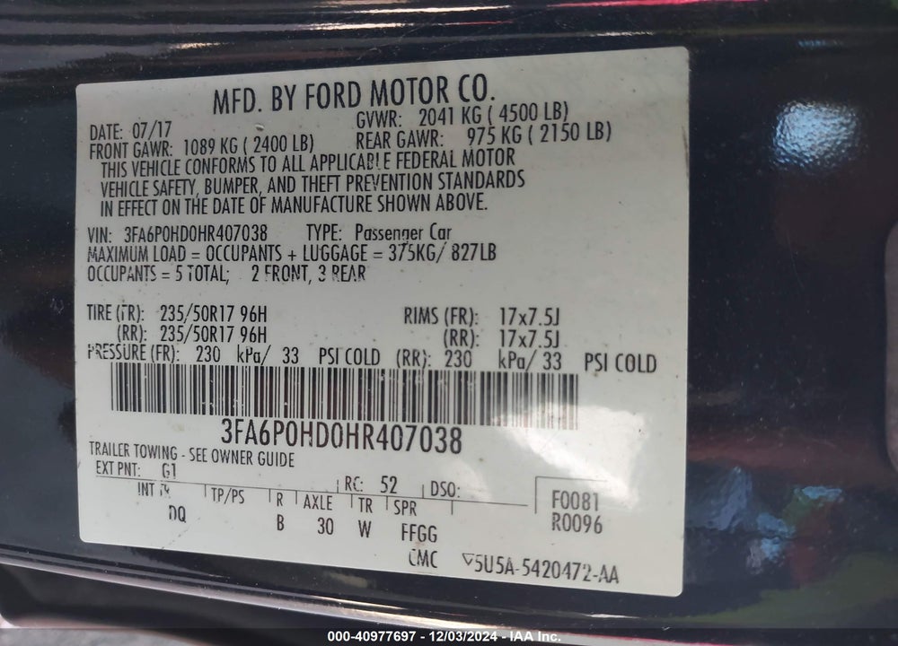 2017 FORD FUSION SE VIN: 3FA6P0HD0HR407038