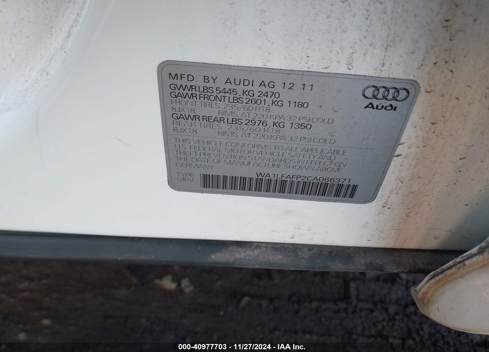 2012 AUDI Q5 2.0T PREMIUM VIN: WA1LFAFP2CA066371