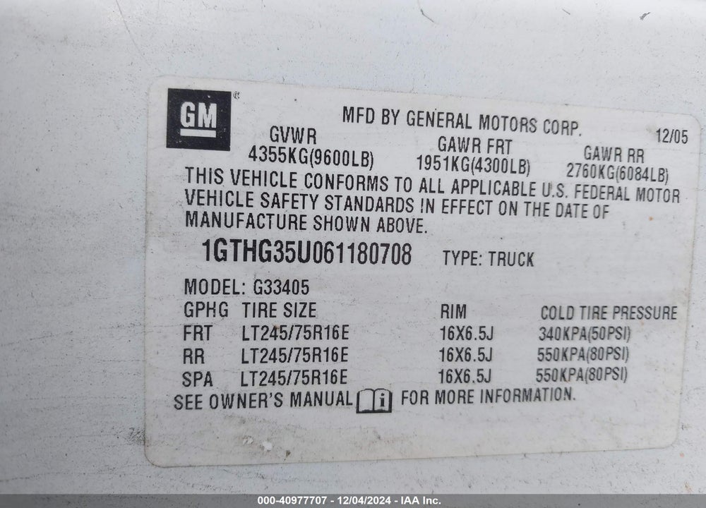 2006 GMC SAVANA WORK VAN VIN: 1GTHG35U061180708