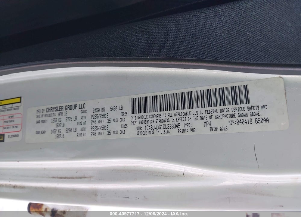 2012 JEEP WRANGLER UNLIMITED SPORT VIN: 1C4BJWDG1CL238345