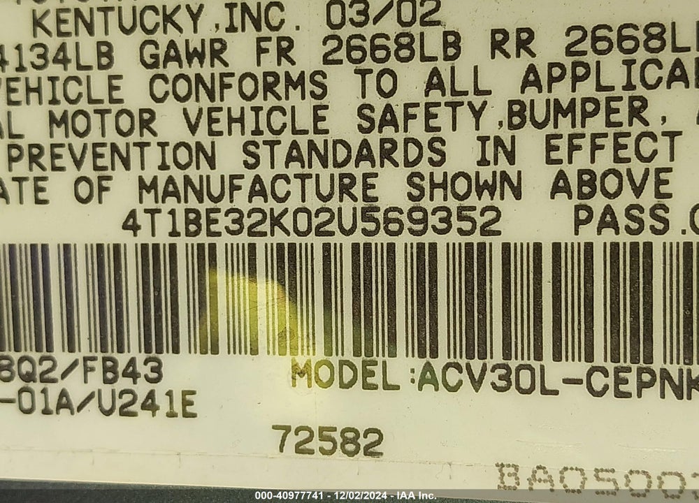 2002 TOYOTA CAMRY LE VIN: 4T1BE32K02U569352