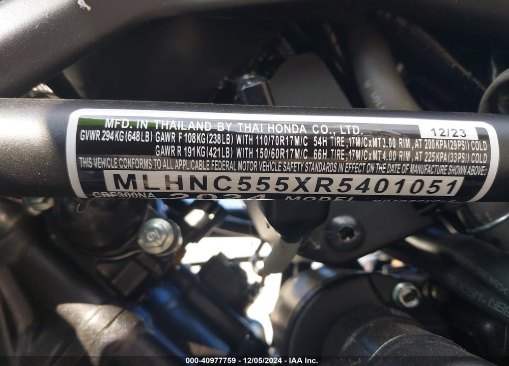 2024 HONDA CBF300 NA VIN: MLHNC555XR5401051