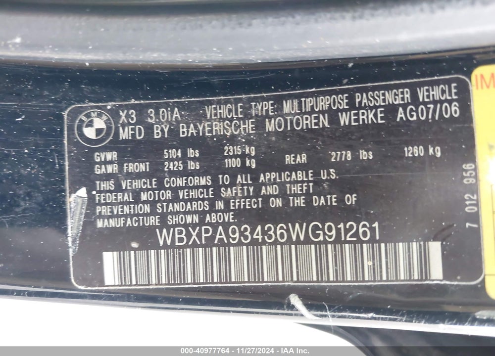 2006 BMW X3 3.0I VIN: WBXPA93436WG91261