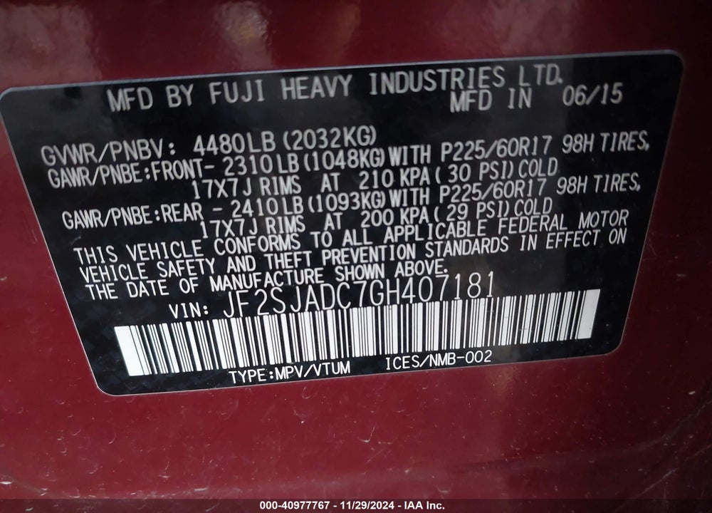 2016 SUBARU FORESTER 2.5I PREMIUM VIN: JF2SJADC7GH407181