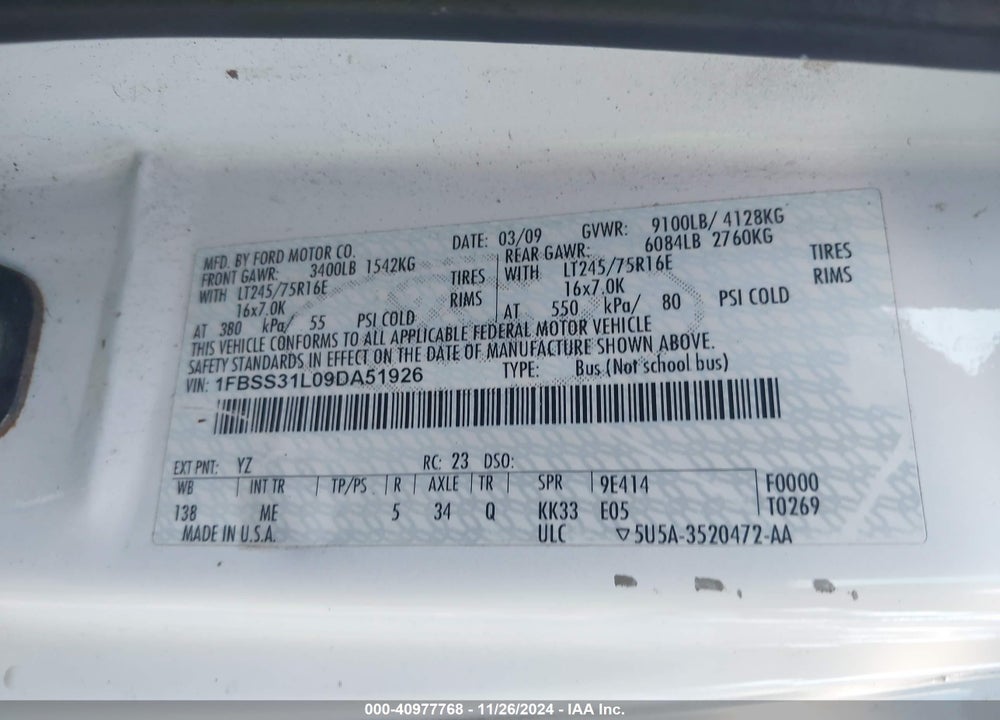2009 FORD E-350 SUPER DUTY VIN: 1FBSS31L09DA51926