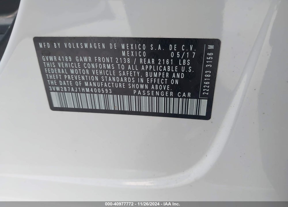 2017 VOLKSWAGEN JETTA 1.4T S VIN: 3VW2B7AJ1HM400593