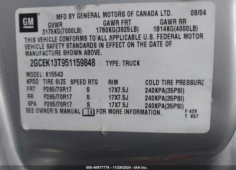 2005 CHEVROLET SILVERADO 1500 LS VIN: 2GCEK13T951159848