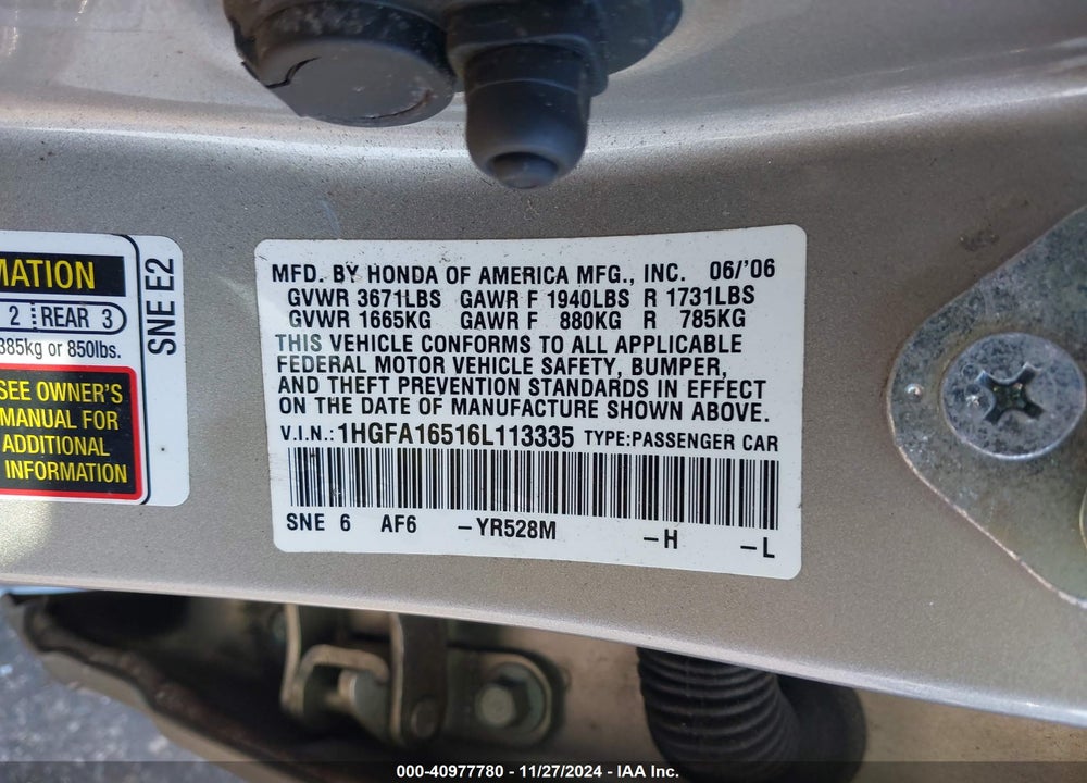 2006 HONDA CIVIC LX VIN: 1HGFA16516L113335