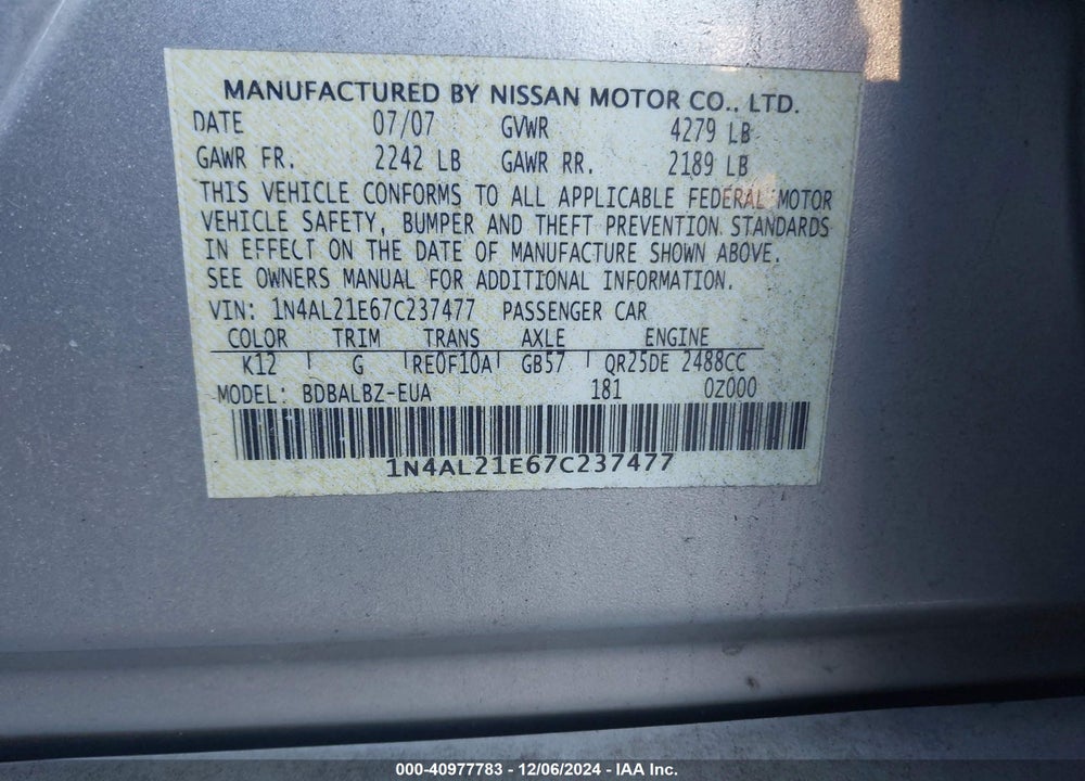 2007 NISSAN ALTIMA 2.5 S VIN: 1N4AL21E67C237477