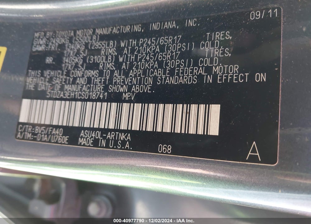 2012 TOYOTA HIGHLANDER SE VIN: 5TDZA3EH1CS018741