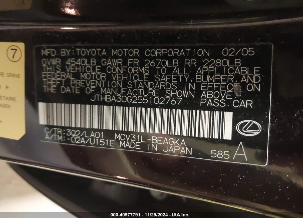 2005 LEXUS ES 330 VIN: JTHBA30G255102767