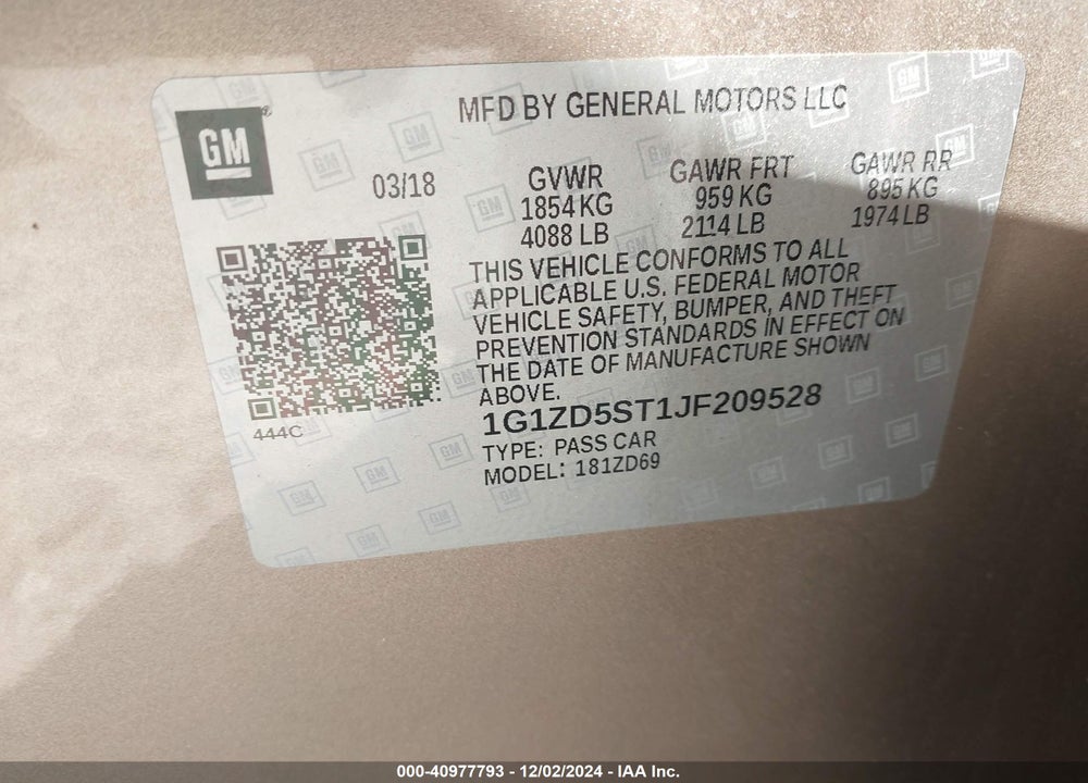 2018 CHEVROLET MALIBU LT VIN: 1G1ZD5ST1JF209528