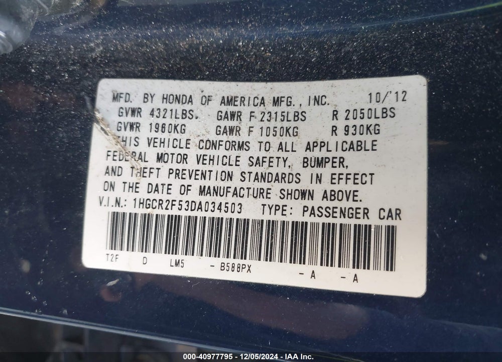 2013 HONDA ACCORD SPORT VIN: 1HGCR2F53DA034503