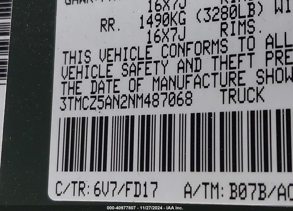 2022 TOYOTA TACOMA TRD OFF ROAD VIN: 3TMCZ5AN2NM487068
