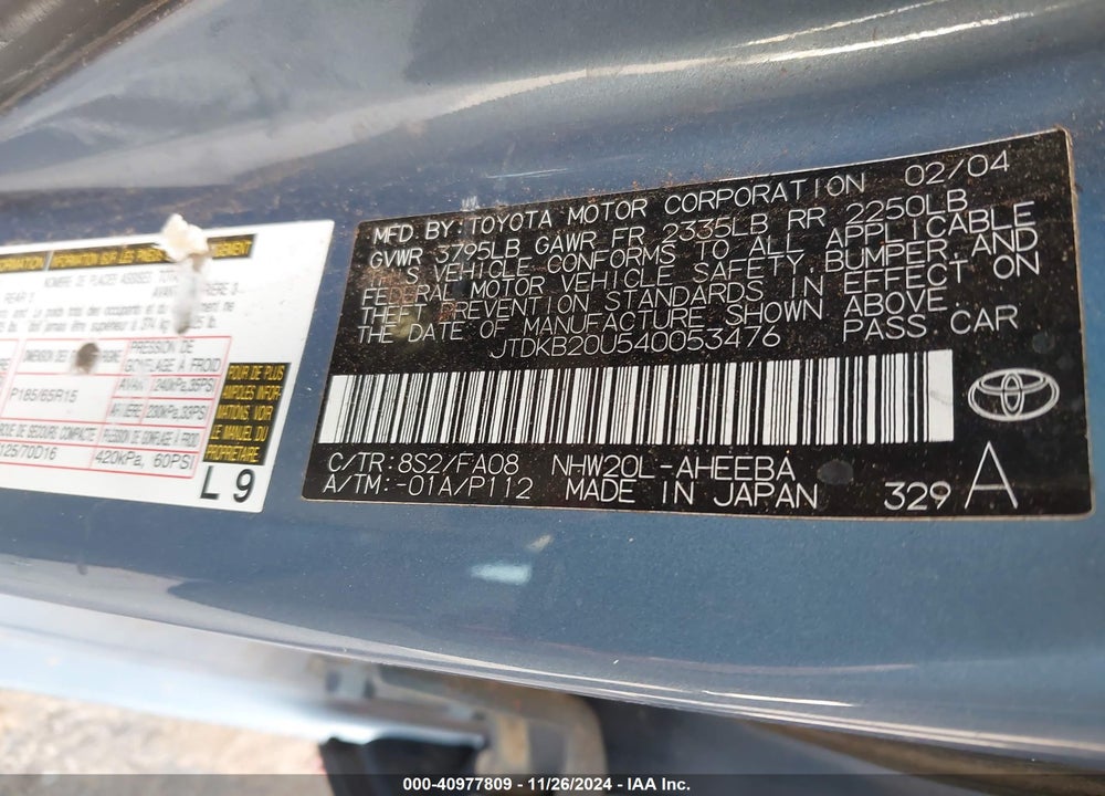 2004 TOYOTA PRIUS VIN: JTDKB20U540053476