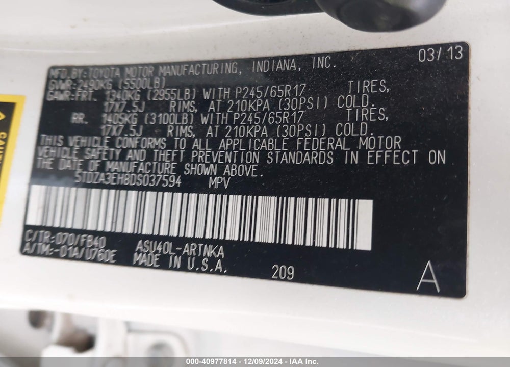 2013 TOYOTA HIGHLANDER VIN: 5TDZA3EH8DS037594