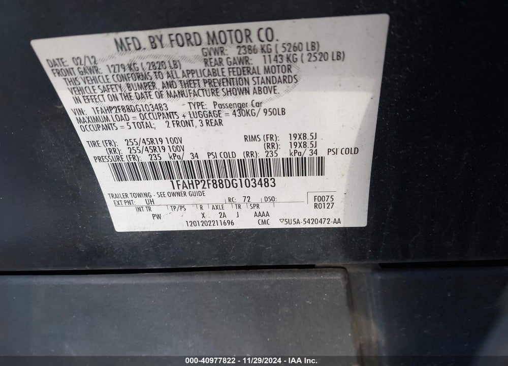 2013 FORD TAURUS VIN: 1FAHP2F88DG103483