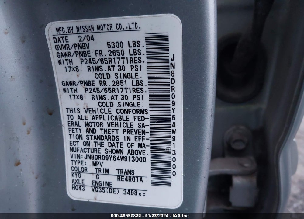 2004 NISSAN PATHFINDER VIN: JN8DR09Y64W913000