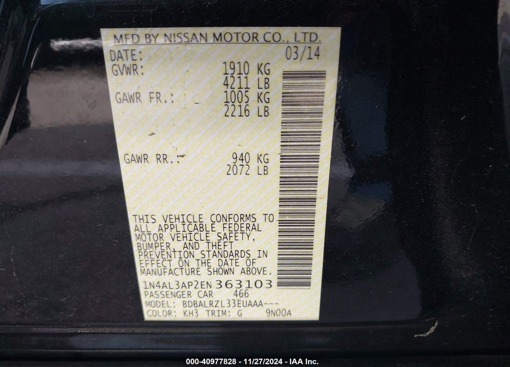 2014 NISSAN ALTIMA 2.5 S VIN: 1N4AL3AP2EN363103