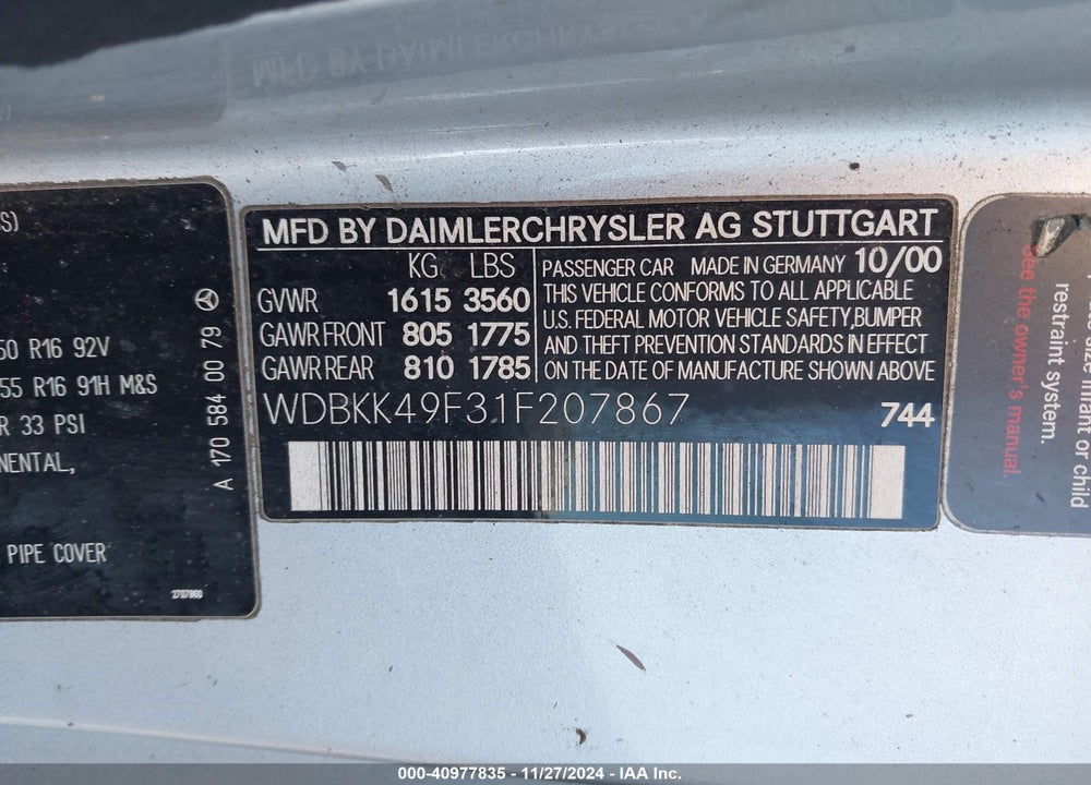 2001 MERCEDES-BENZ SLK 230 KOMPRESSOR VIN: WDBKK49F31F207867