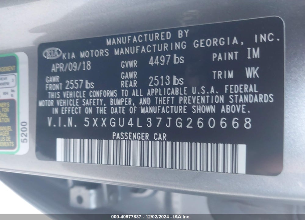 2018 KIA OPTIMA VIN: 5XXGU4L37JG260668