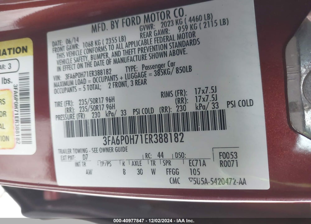 2014 FORD FUSION SE VIN: 3FA6P0H71ER388182