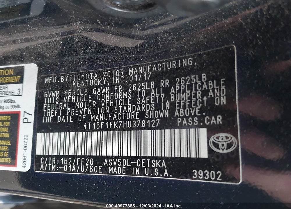 2017 TOYOTA CAMRY SE VIN: 4T1BF1FK7HU378127