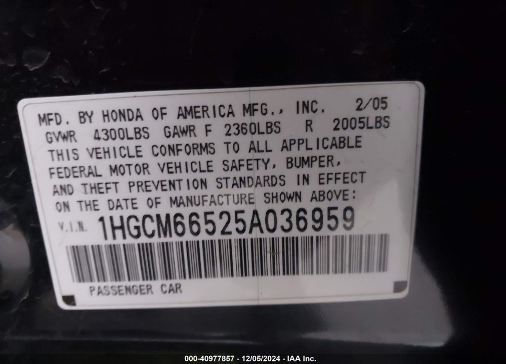 2005 HONDA ACCORD 3.0 EX VIN: 1HGCM66525A036959