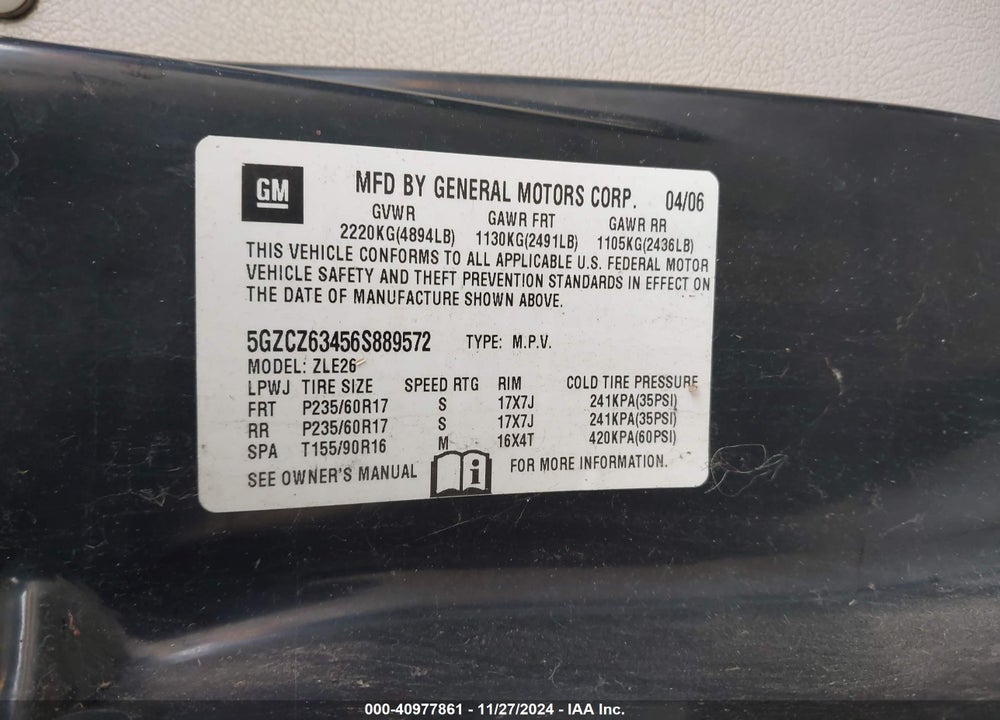 2006 SATURN VUE V6 VIN: 5GZCZ63456S889572