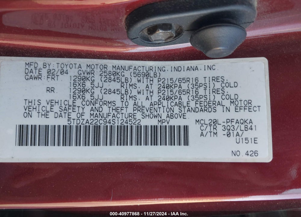 2004 TOYOTA SIENNA XLE VIN: 5TDZA22C94S124522