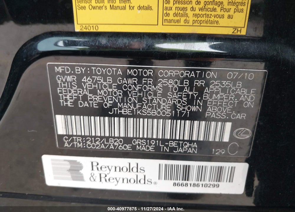 2011 LEXUS GS 350 VIN: JTHBE1KS5B0051171