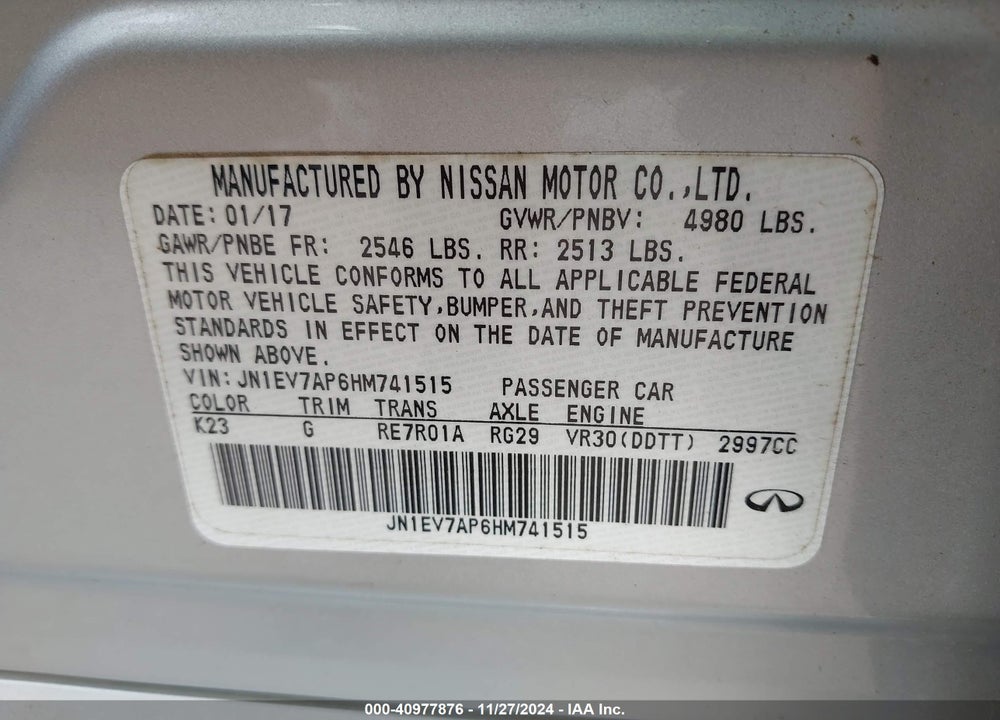 2017 INFINITI Q50 3.0T SIGNATURE EDITION VIN: JN1EV7AP6HM741515