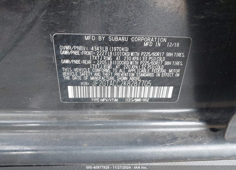 2019 SUBARU CROSSTREK 2.0I PREMIUM VIN: JF2GTACC2K8287705