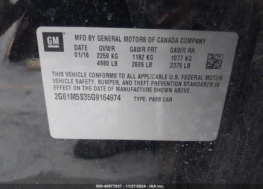 2016 CADILLAC XTS LUXURY COLLECTION VIN: 2G61M5S35G9164974