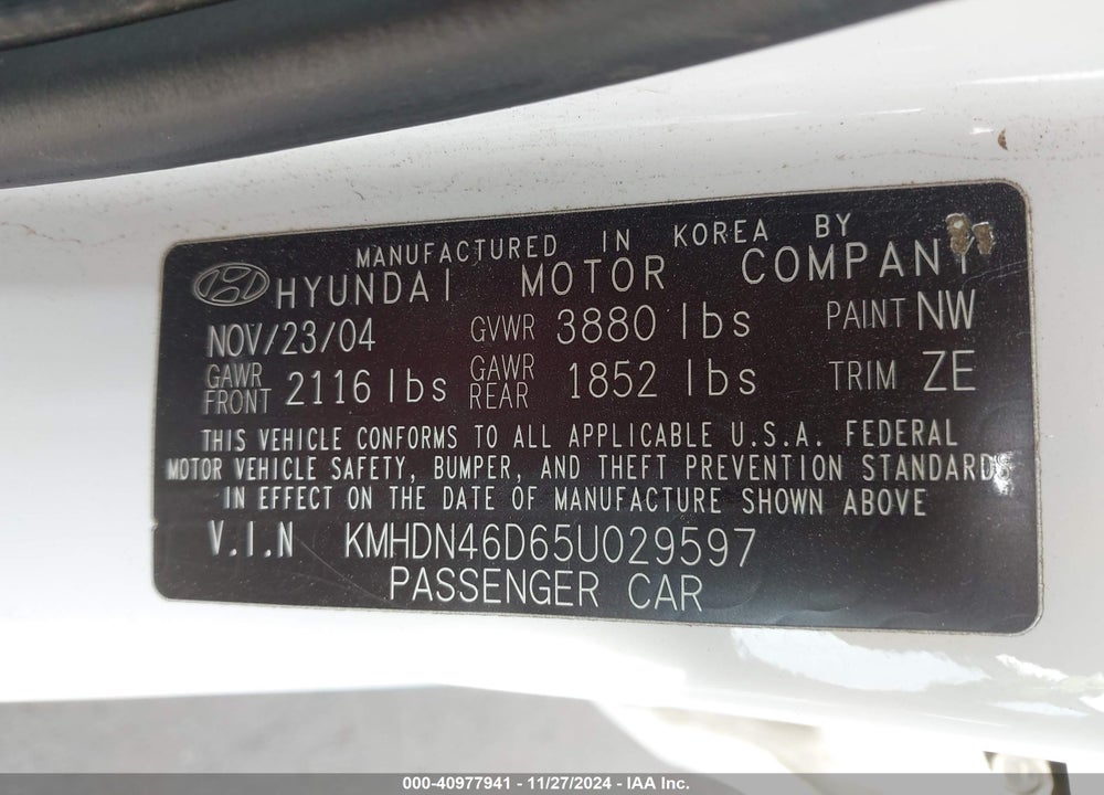 2005 HYUNDAI ELANTRA GLS/GT VIN: KMHDN46D65U029597