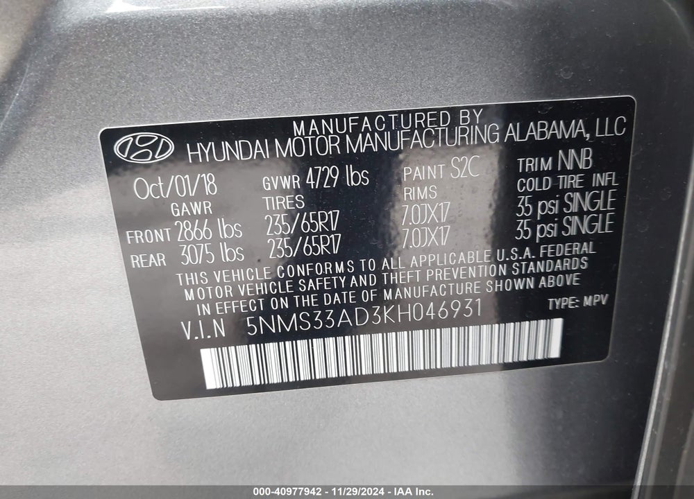 2019 HYUNDAI SANTA FE SEL VIN: 5NMS33AD3KH046931