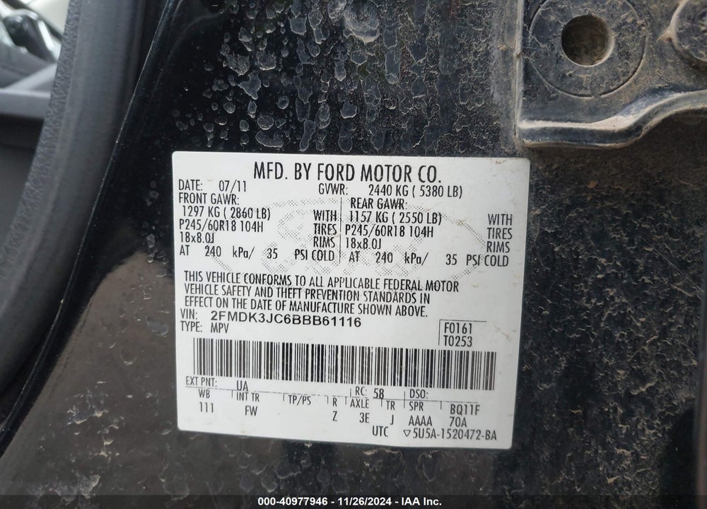 2011 FORD EDGE SEL VIN: 2FMDK3JC6BBB61116