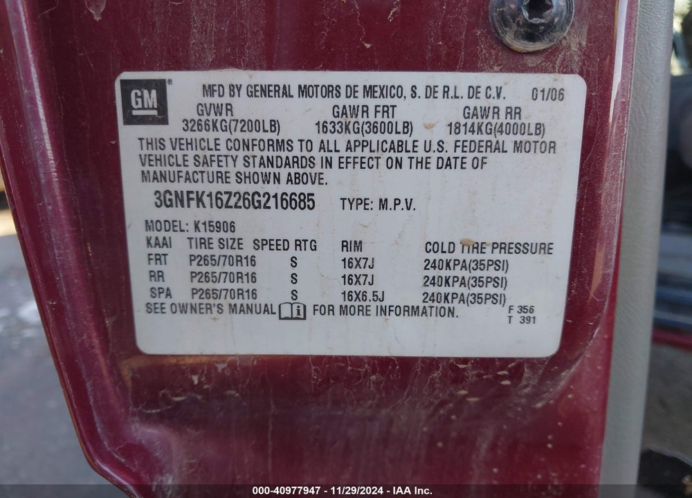 2006 CHEVROLET SUBURBAN 1500 LS VIN: 3GNFK16Z26G216685