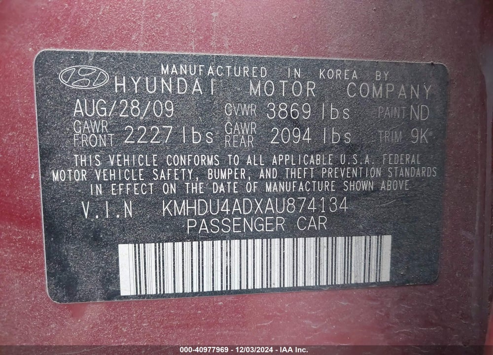 2010 HYUNDAI ELANTRA GLS VIN: KMHDU4ADXAU874134
