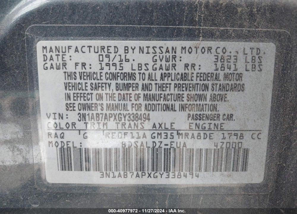 2016 NISSAN SENTRA SV VIN: 3N1AB7APXGY338494