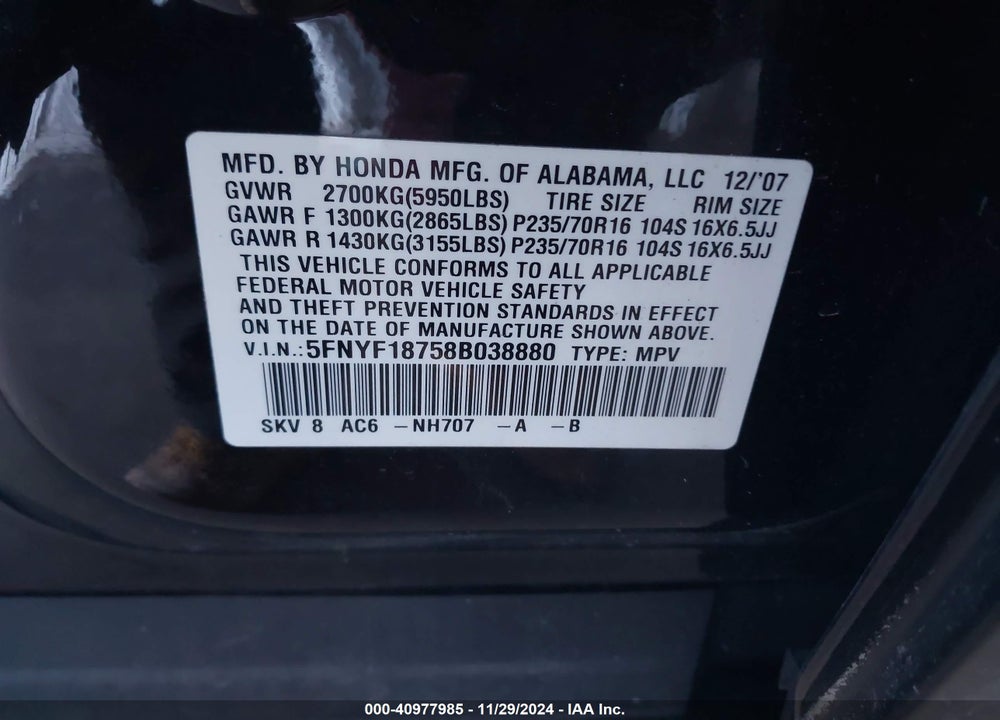 2008 HONDA PILOT EX-L VIN: 5FNYF18758B038880
