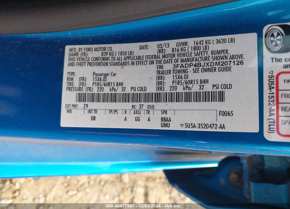 2013 FORD FIESTA SE VIN: 3FADP4BJXDM207126
