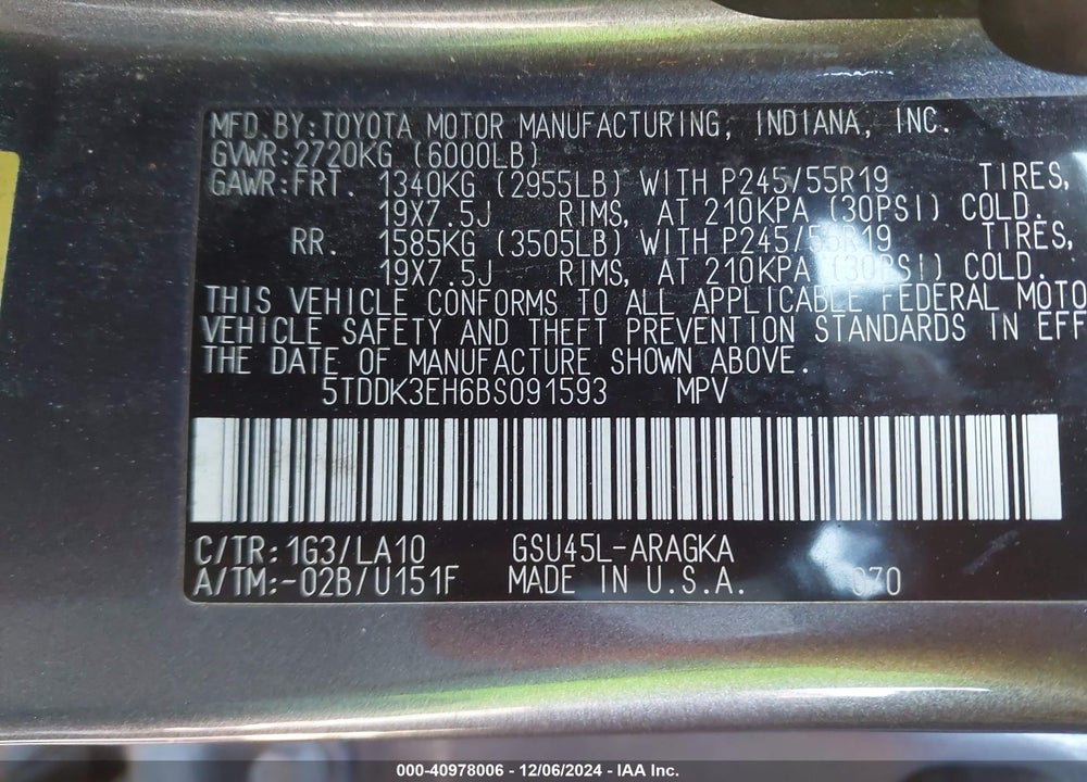 2011 TOYOTA HIGHLANDER LIMITED V6 VIN: 5TDDK3EH6BS091593