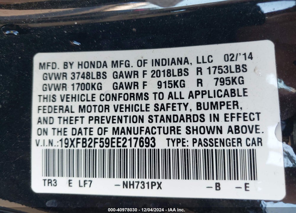 2014 HONDA CIVIC LX VIN: 19XFB2F59EE217693